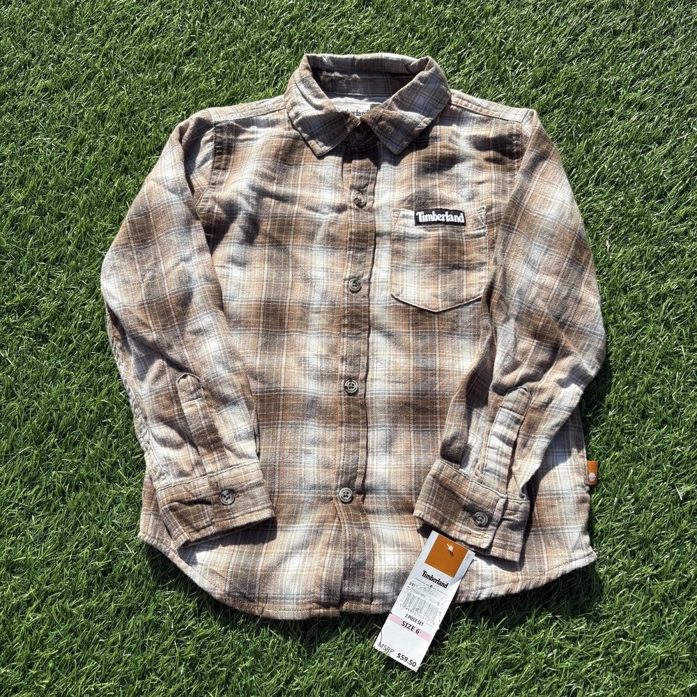 Timberland Shirt Boys 6 Brown Plaid Flannel Long Sleeve‎ Button Up Logo Cotton
